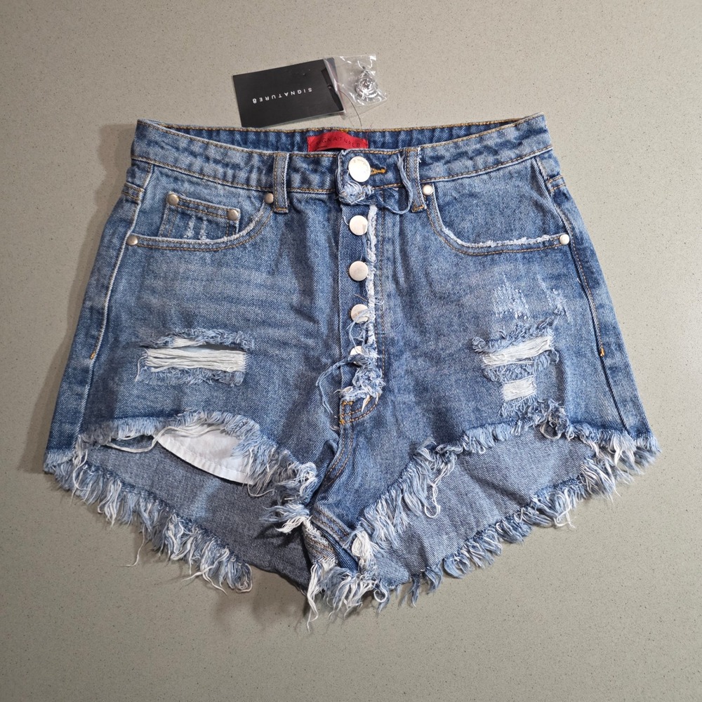 Signature 8 Women Blue Distressed High Waisted Denim Jean Shorts Size Medium